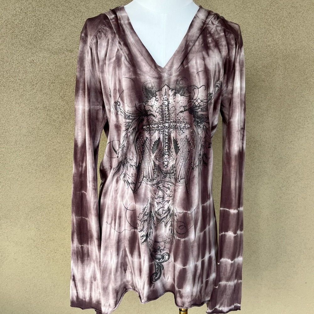 Vocal Women Brown Tie Dye Gothic Cross Angel Wing Rhinestone Hooded Top USA